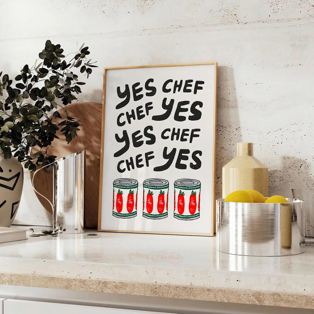 Bold typography featuring 'Yes Chef' in black and red colors - styled on a counter with eucalyptus and a bowl of lemons