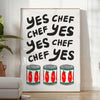 Bold typography featuring 'Yes Chef' in black and red colors - in a bright minimalist room with a plant and an armchair