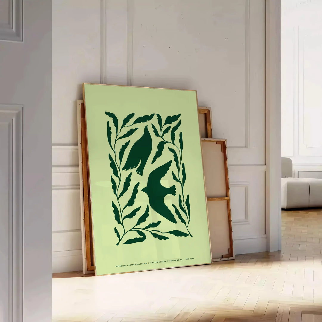 Abstract representation of yoga poses in green and gray hues - leaning on a herringbone floor against a white panelled wall