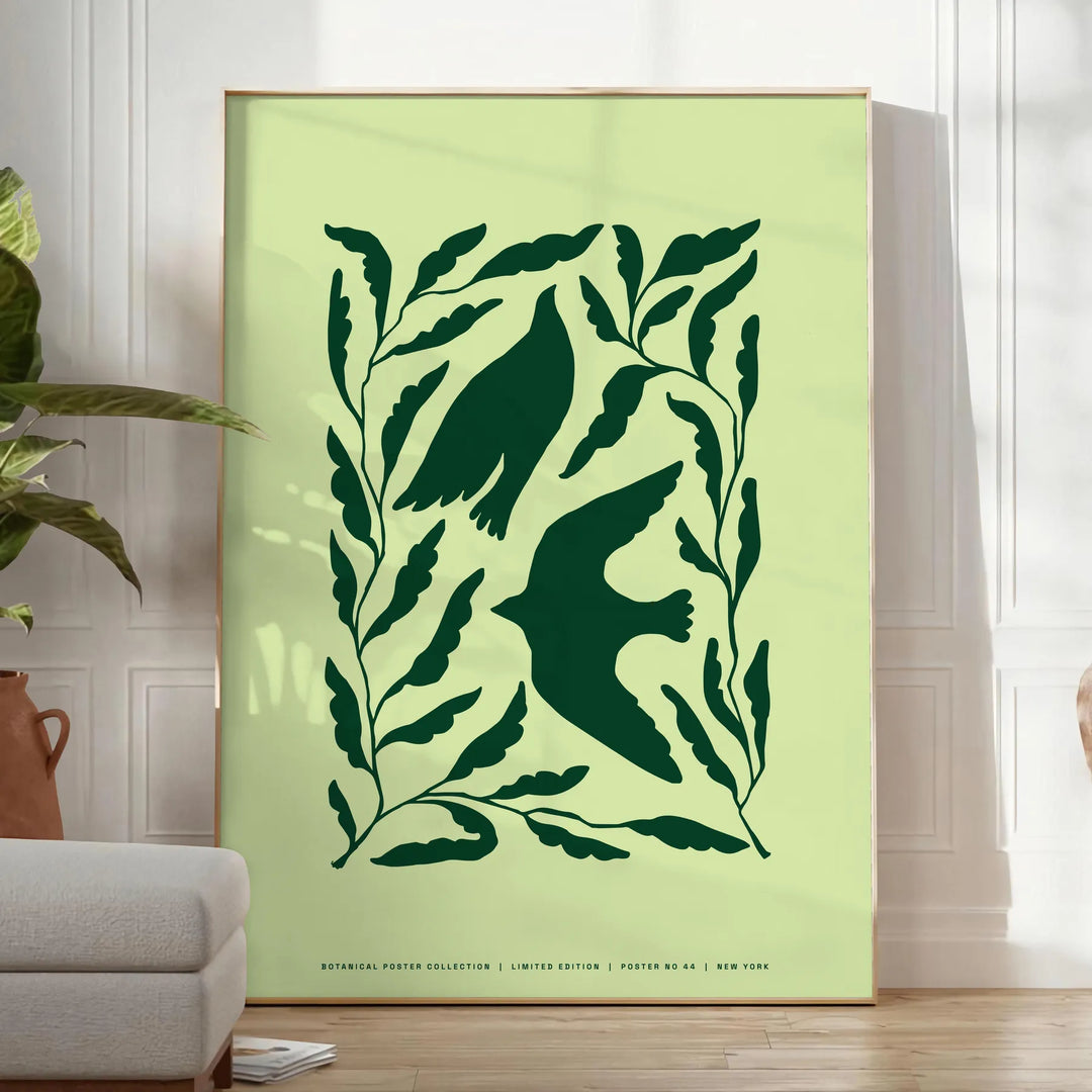 Abstract representation of yoga poses in green and gray hues - in a bright minimalist room with a plant and an armchair