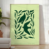 Abstract representation of yoga poses in green and gray hues - in a bright minimalist room with a plant and an armchair