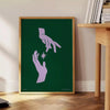 A serene yoga figure in a meditative pose against a gradient of green and blue. - beside a round wooden side table with books