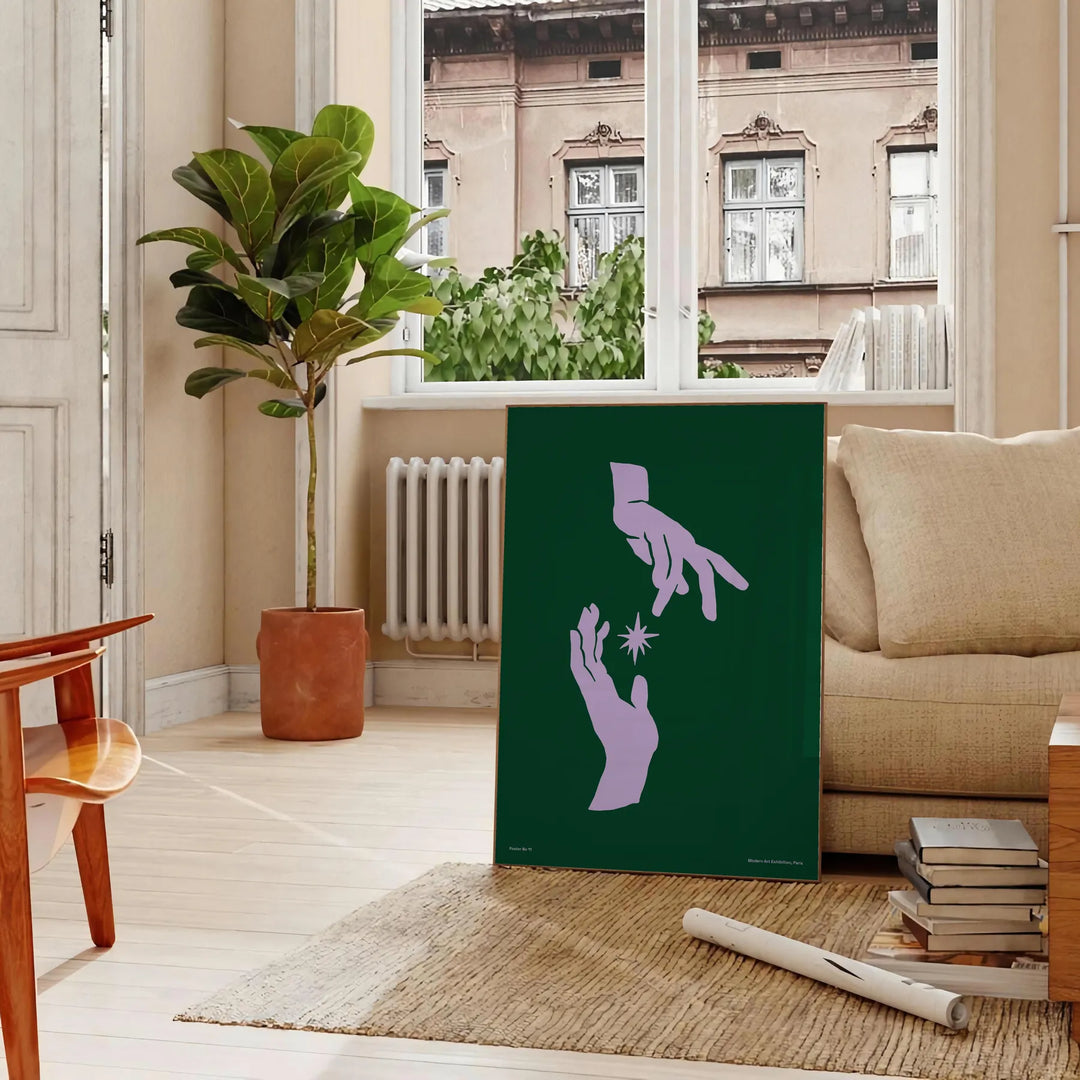A serene yoga figure in a meditative pose against a gradient of green and blue. - in a Parisian living room with a sofa and a fig plant