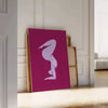 A serene depiction of a person in a yoga pose against a blue and purple gradient background - leaning on a herringbone floor against a white panelled wall