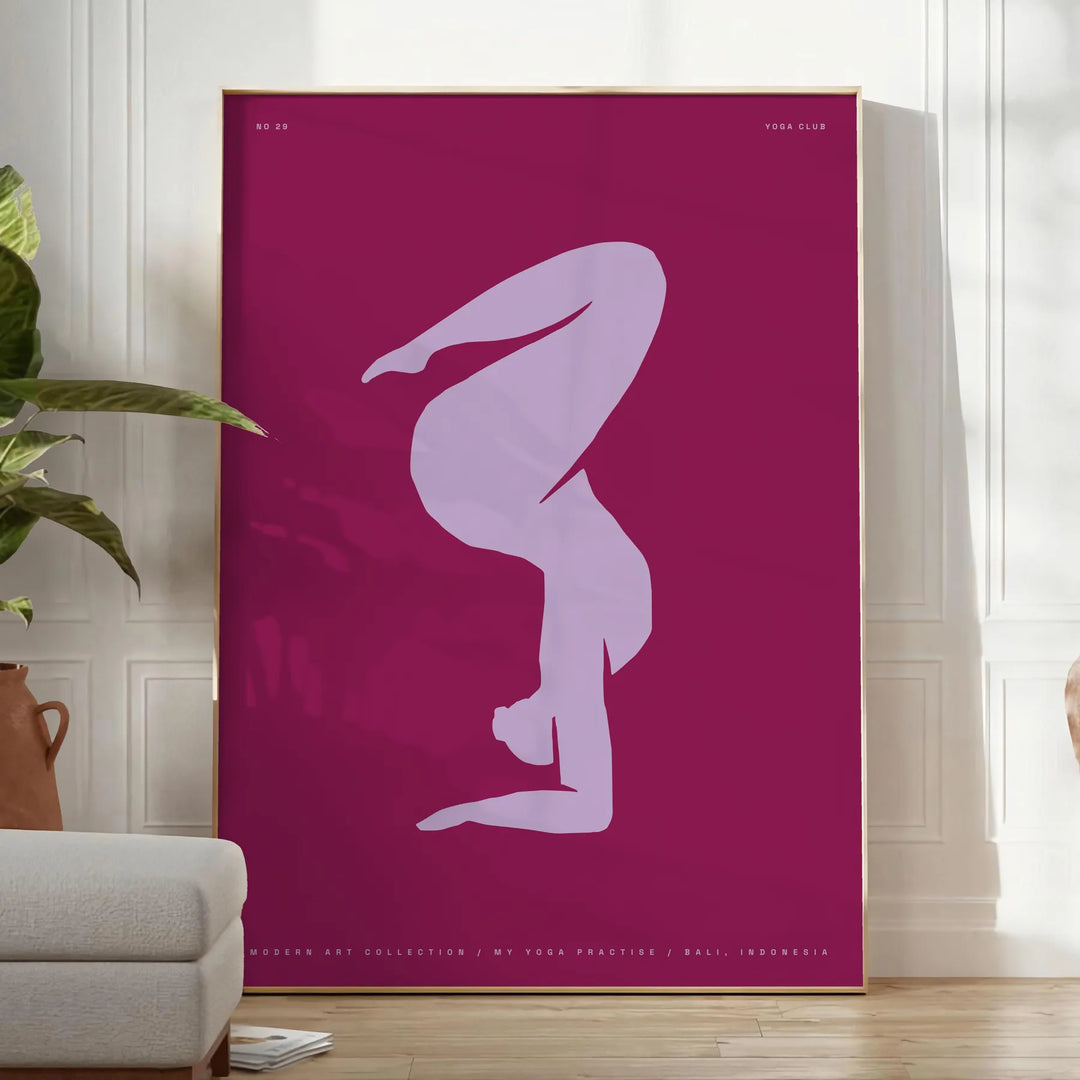 A serene depiction of a person in a yoga pose against a blue and purple gradient background - in a bright minimalist room with a plant and an armchair