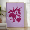Abstract representation of yoga poses in calming blue and purple tones - in a bright minimalist room with a plant and an armchair