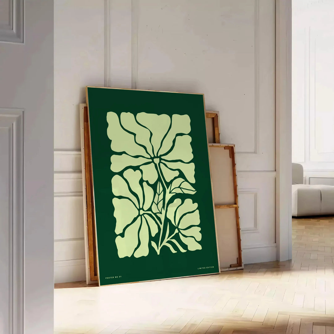 A serene yoga figure in green and gray tones, promoting positivity - leaning on a herringbone floor against a white panelled wall