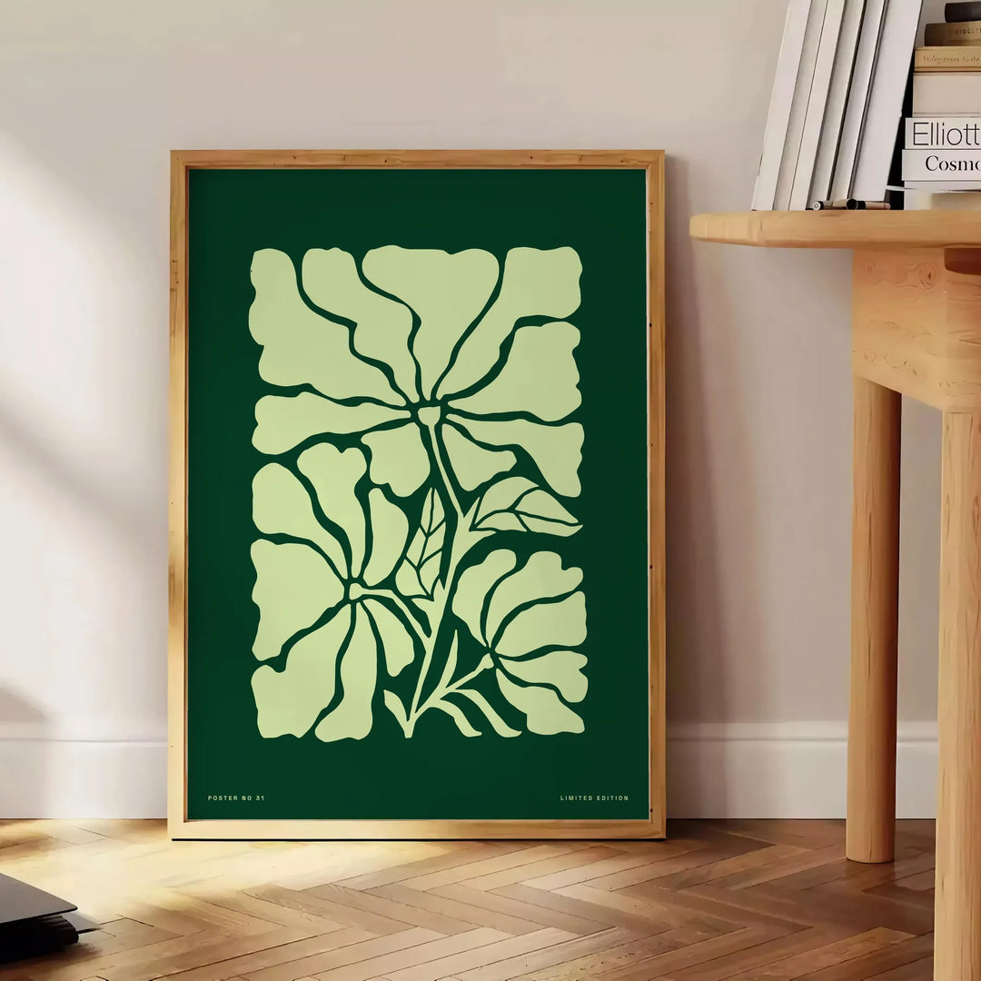 A serene yoga figure in green and gray tones, promoting positivity - beside a round wooden side table with books
