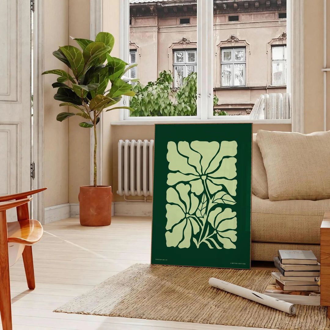 A serene yoga figure in green and gray tones, promoting positivity - in a Parisian living room with a sofa and a fig plant