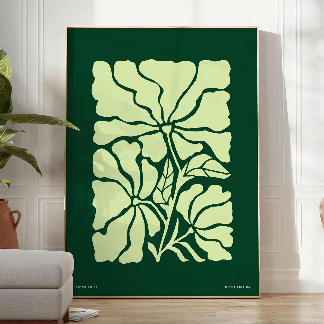 A serene yoga figure in green and gray tones, promoting positivity - in a bright minimalist room with a plant and an armchair