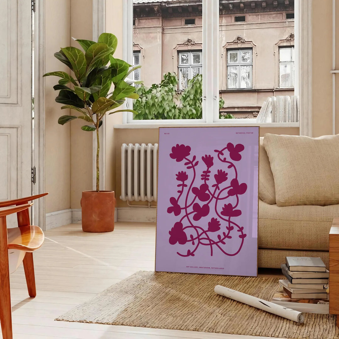 A serene yoga figure in a meditative pose against a gradient of blue and purple hues - in a Parisian living room with a sofa and a fig plant