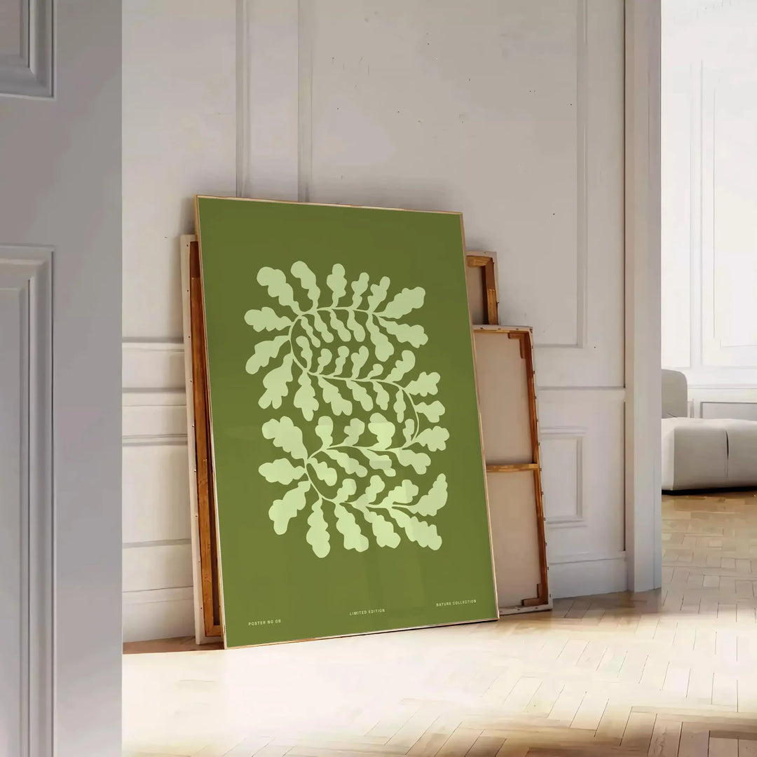 Serene yoga scene with green tones and abstract shapes - leaning on a herringbone floor against a white panelled wall