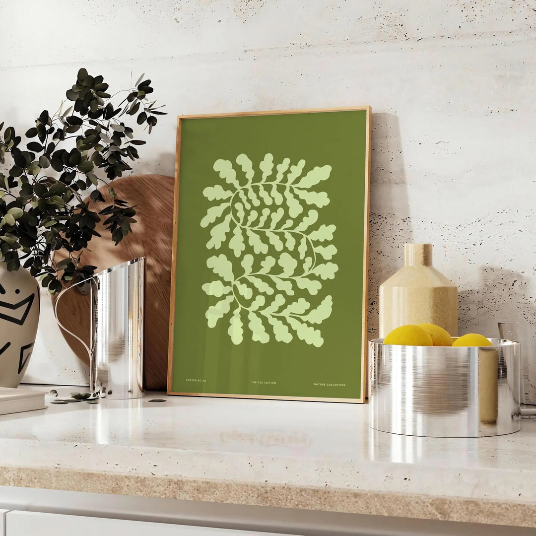 Serene yoga scene with green tones and abstract shapes - styled on a counter with eucalyptus and a bowl of lemons