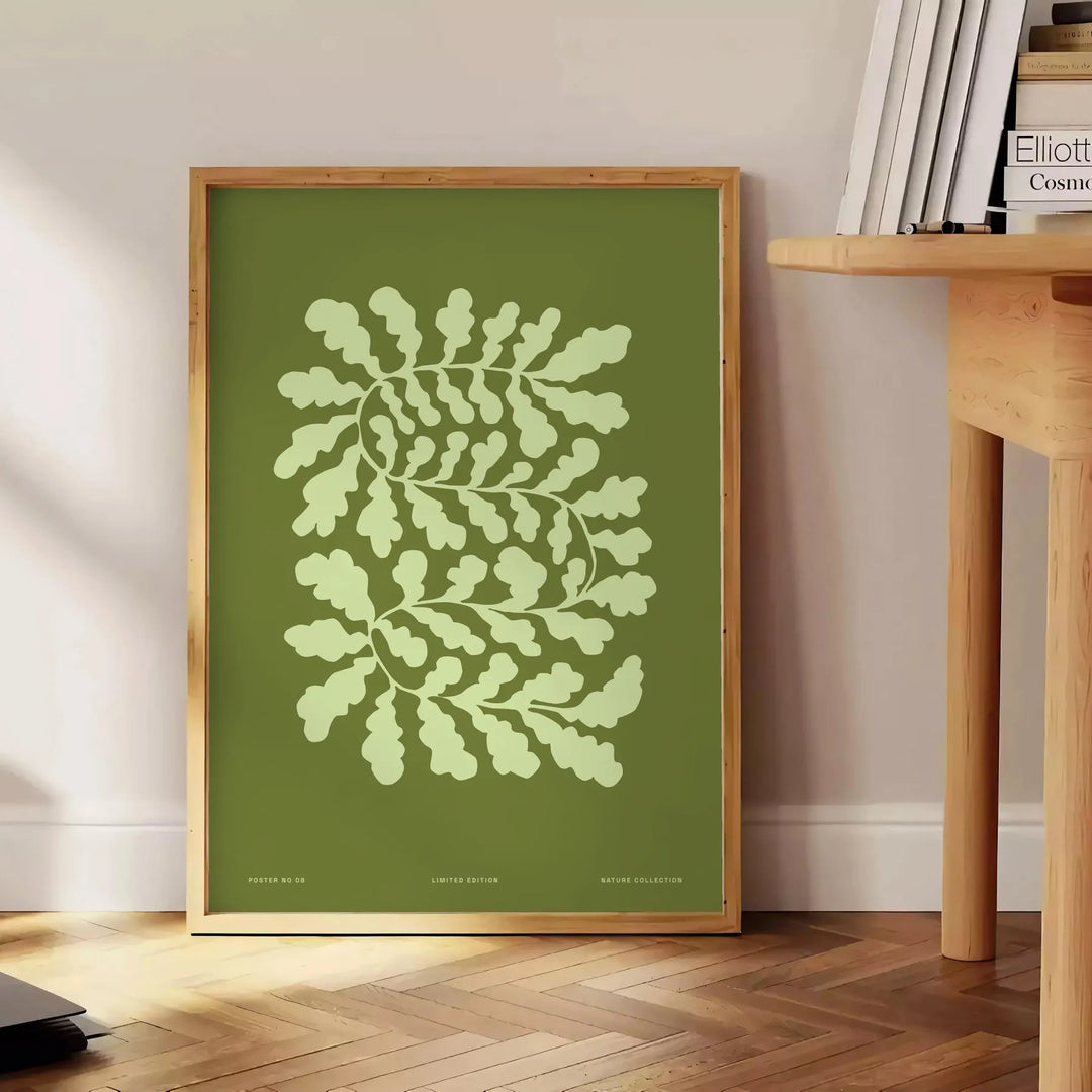 Serene yoga scene with green tones and abstract shapes - beside a round wooden side table with books