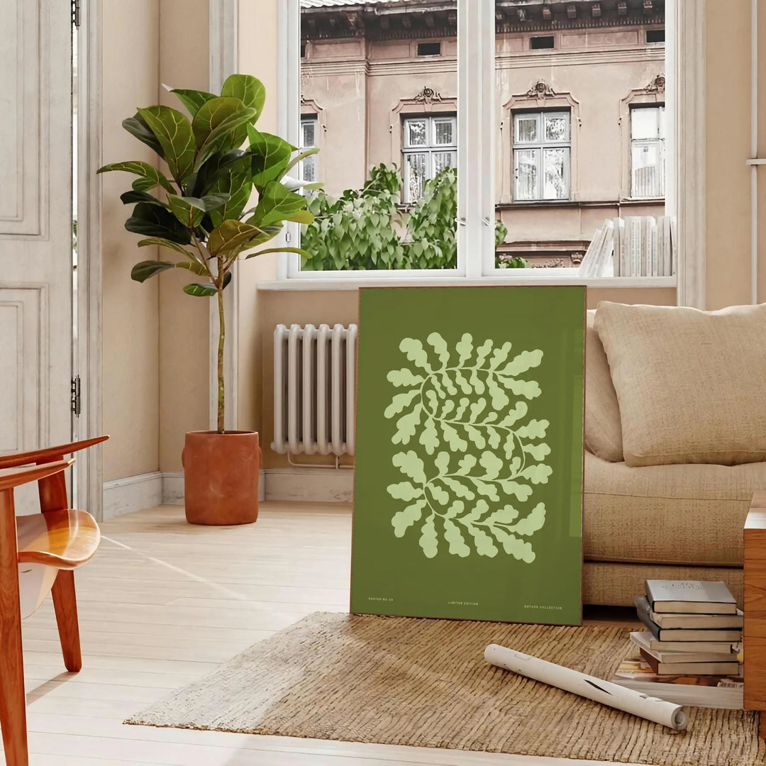 Serene yoga scene with green tones and abstract shapes - in a Parisian living room with a sofa and a fig plant