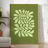 Serene yoga scene with green tones and abstract shapes - in a bright minimalist room with a plant and an armchair