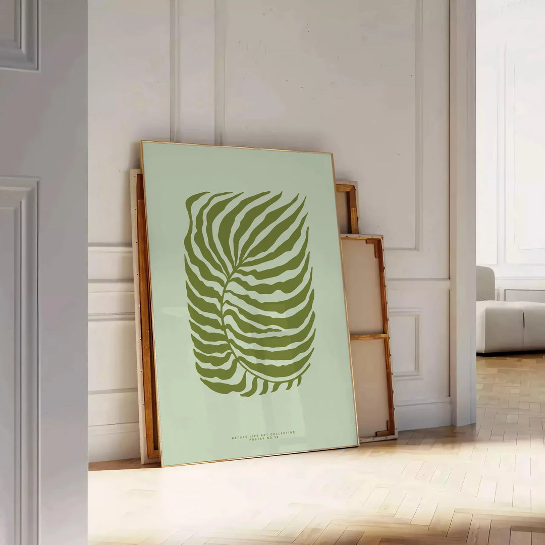A serene yoga scene with calming green and gray tones - leaning on a herringbone floor against a white panelled wall