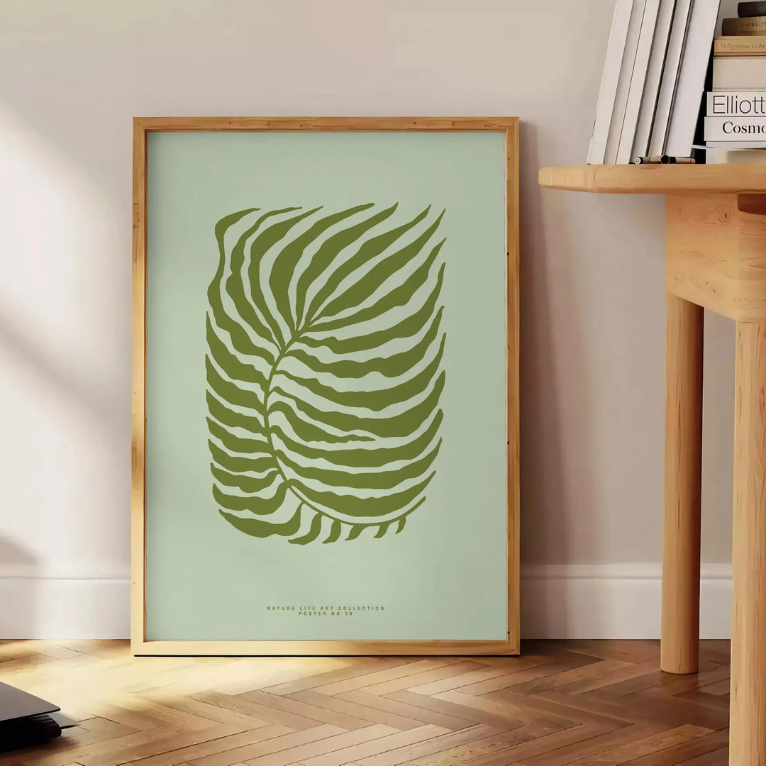 A serene yoga scene with calming green and gray tones - beside a round wooden side table with books