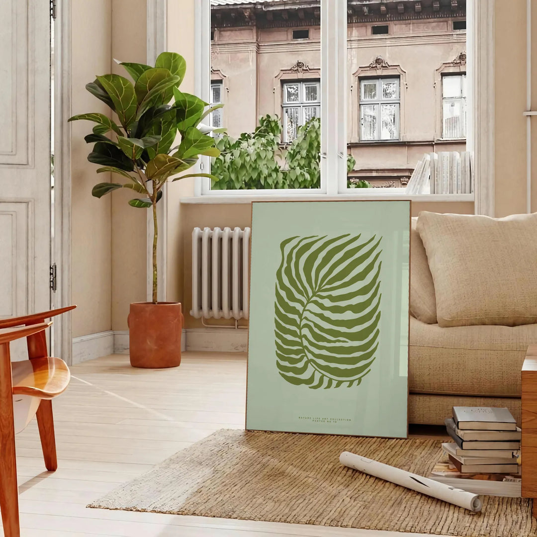 A serene yoga scene with calming green and gray tones - in a Parisian living room with a sofa and a fig plant
