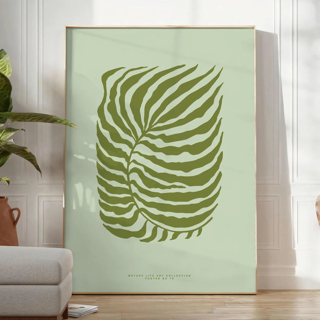 A serene yoga scene with calming green and gray tones - in a bright minimalist room with a plant and an armchair