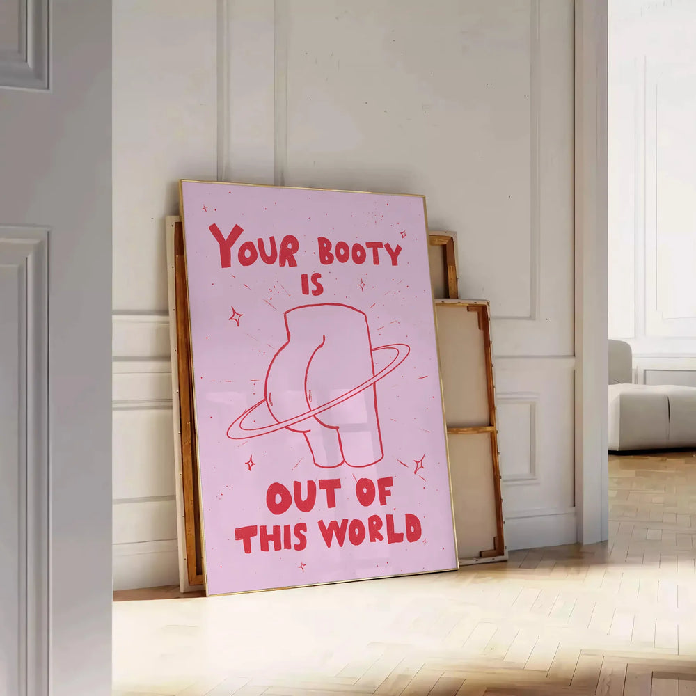 Graphic art featuring a cosmic scene with a playful depiction of a booty's silhouette