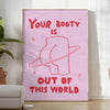 Graphic art featuring a cosmic scene with a playful depiction of a booty's silhouette - in a bright minimalist room with a plant and an armchair