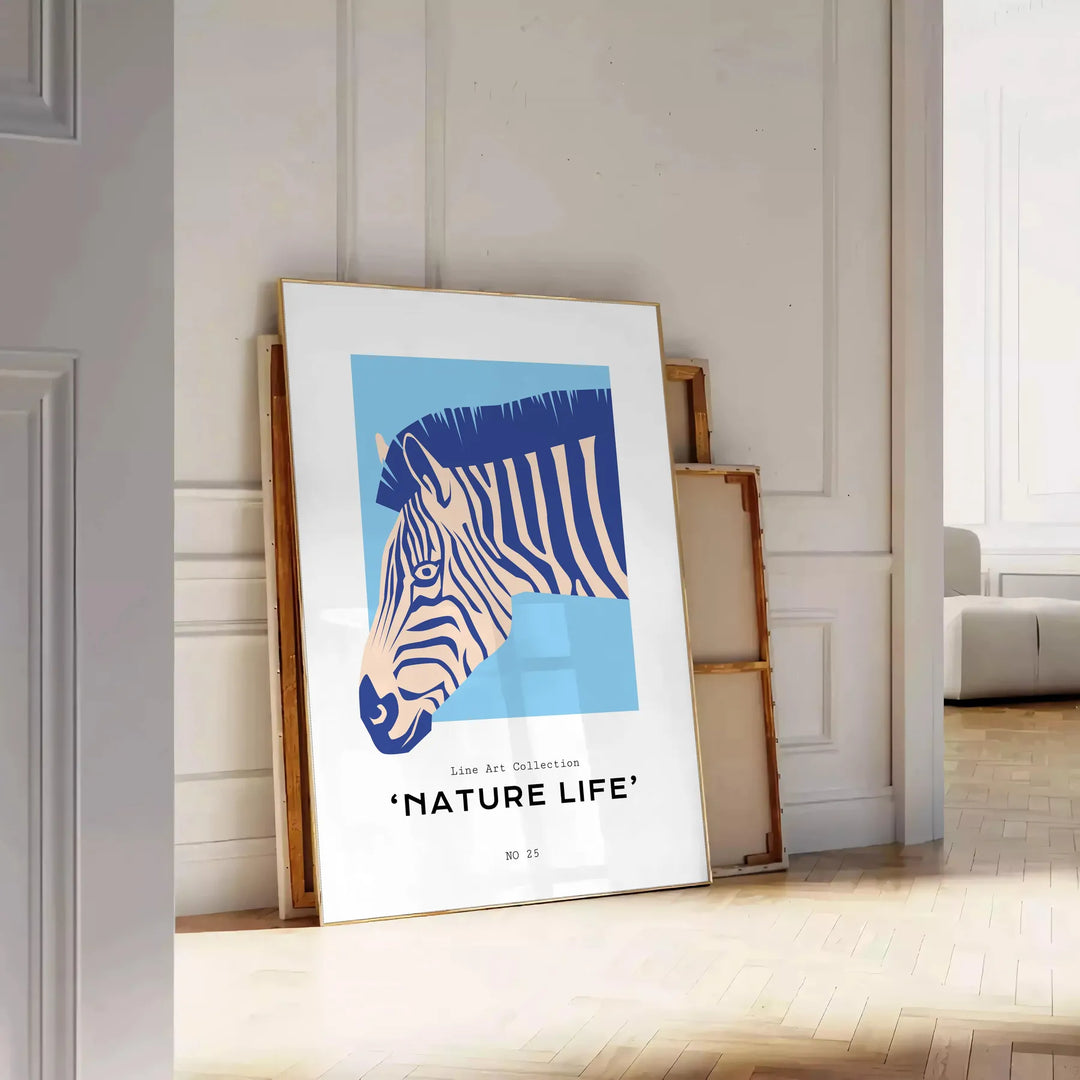 A stylized zebra in shades of blue and gray against a textured background - leaning on a herringbone floor against a white panelled wall