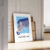 A stylized zebra in shades of blue and gray against a textured background - leaning on a herringbone floor against a white panelled wall