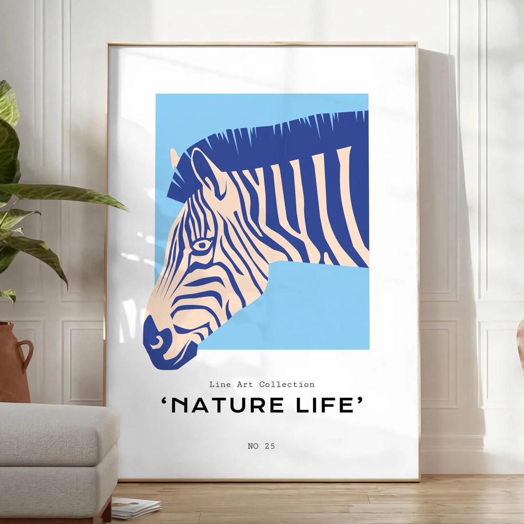 A stylized zebra in shades of blue and gray against a textured background - in a bright minimalist room with a plant and an armchair