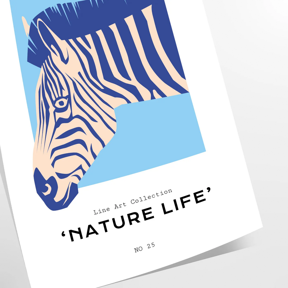 A stylized zebra in shades of blue and gray against a textured background