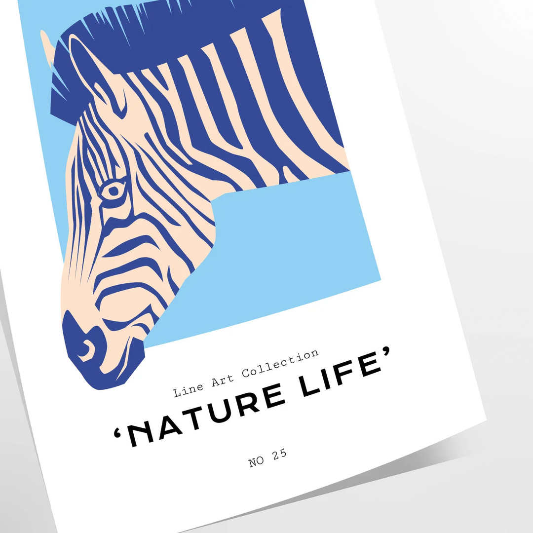 A stylized zebra in shades of blue and gray against a textured background - as a rolled, unframed print