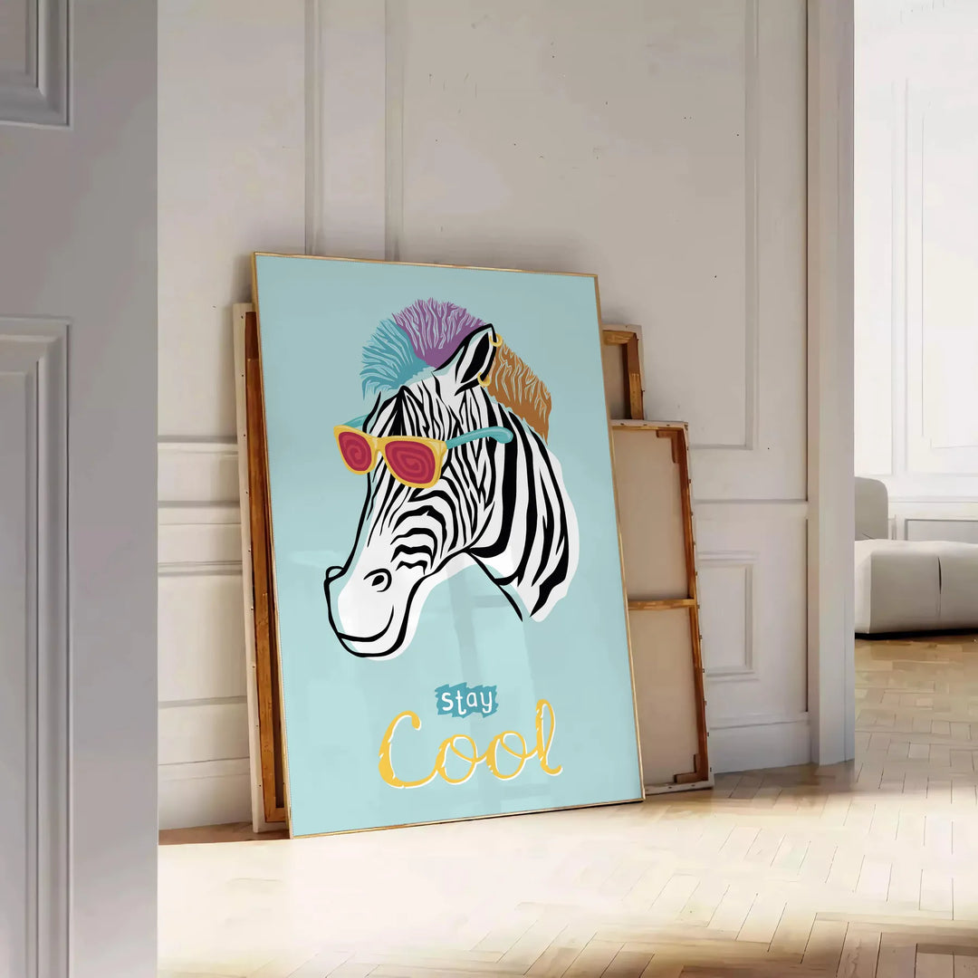 Black and white zebra stripes on a textured background - leaning on a herringbone floor against a white panelled wall