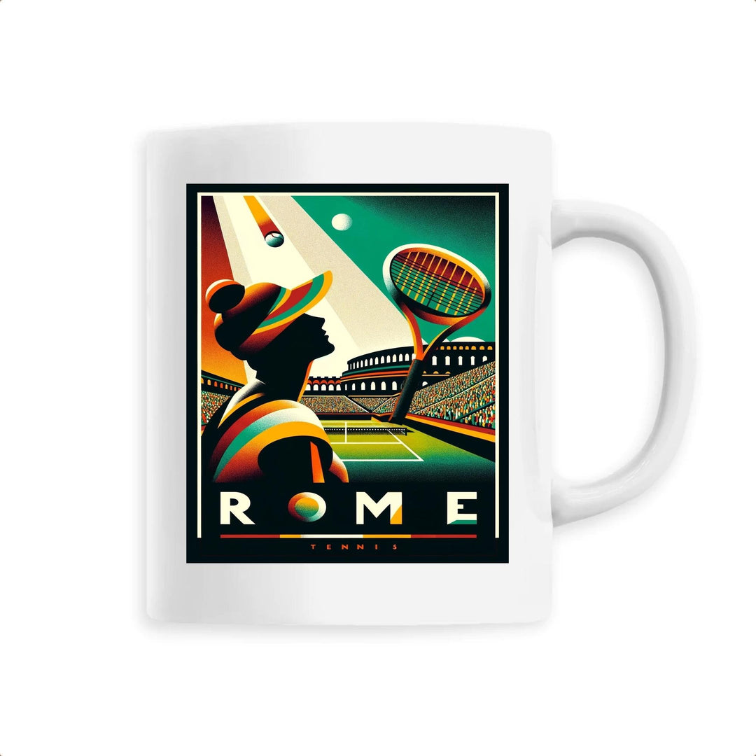 Ceramic mug showing Rome tennis court illustration and vintage travel motif