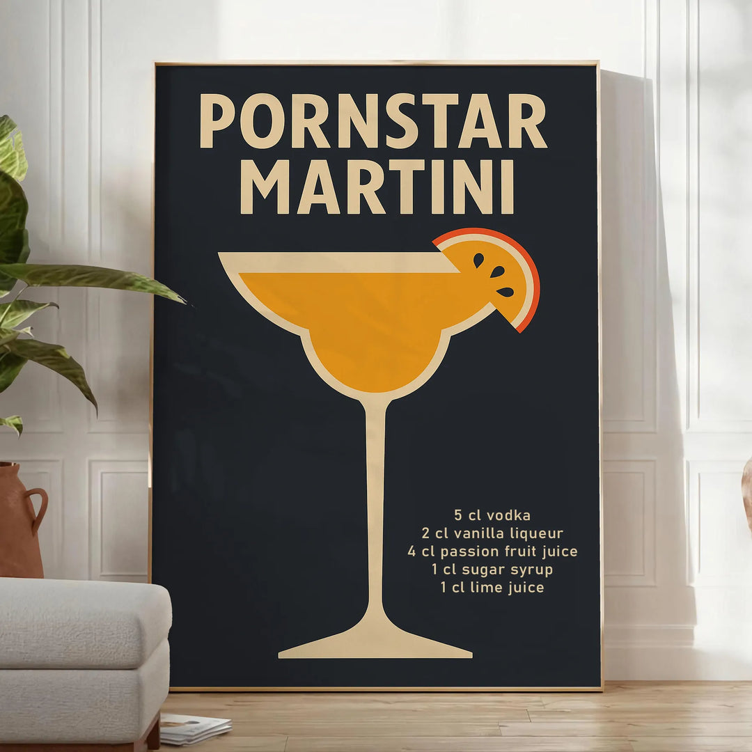 Black and gray modern poster of a Pornstar Martini cocktail illustration