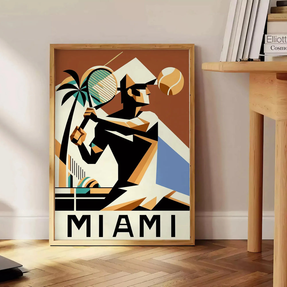 Green and white Miami tennis poster, minimalist retro-style courtside illustration