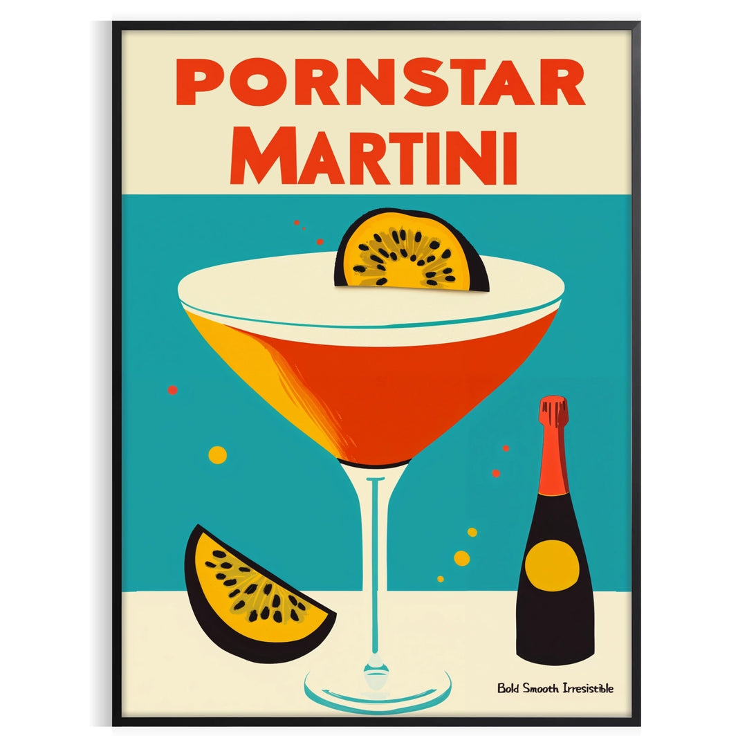 Pop-art style illustration of a Pornstar Martini cocktail in blue and red