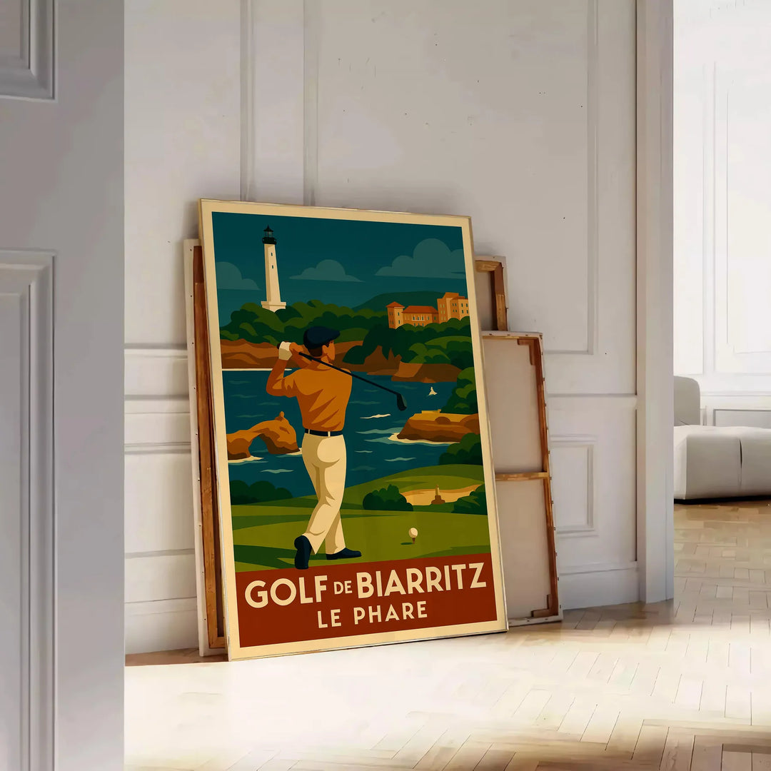 Minimalist poster of a Golf Biarritz scene in yellow and gray