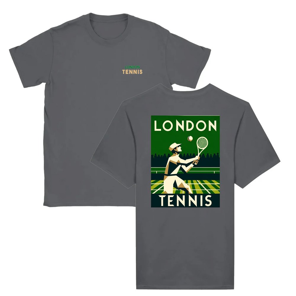 T-shirt featuring a graphic of tennis rackets and a ball in a dynamic design