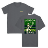 T-shirt featuring a graphic of tennis rackets and a ball in a dynamic design