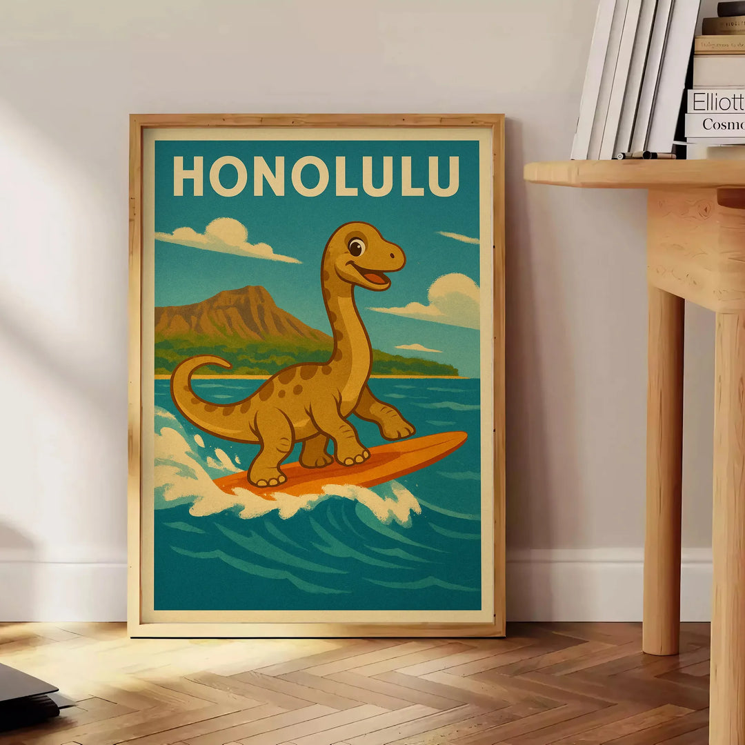 Cartoon dinosaur in green and yellow surfing in Honolulu