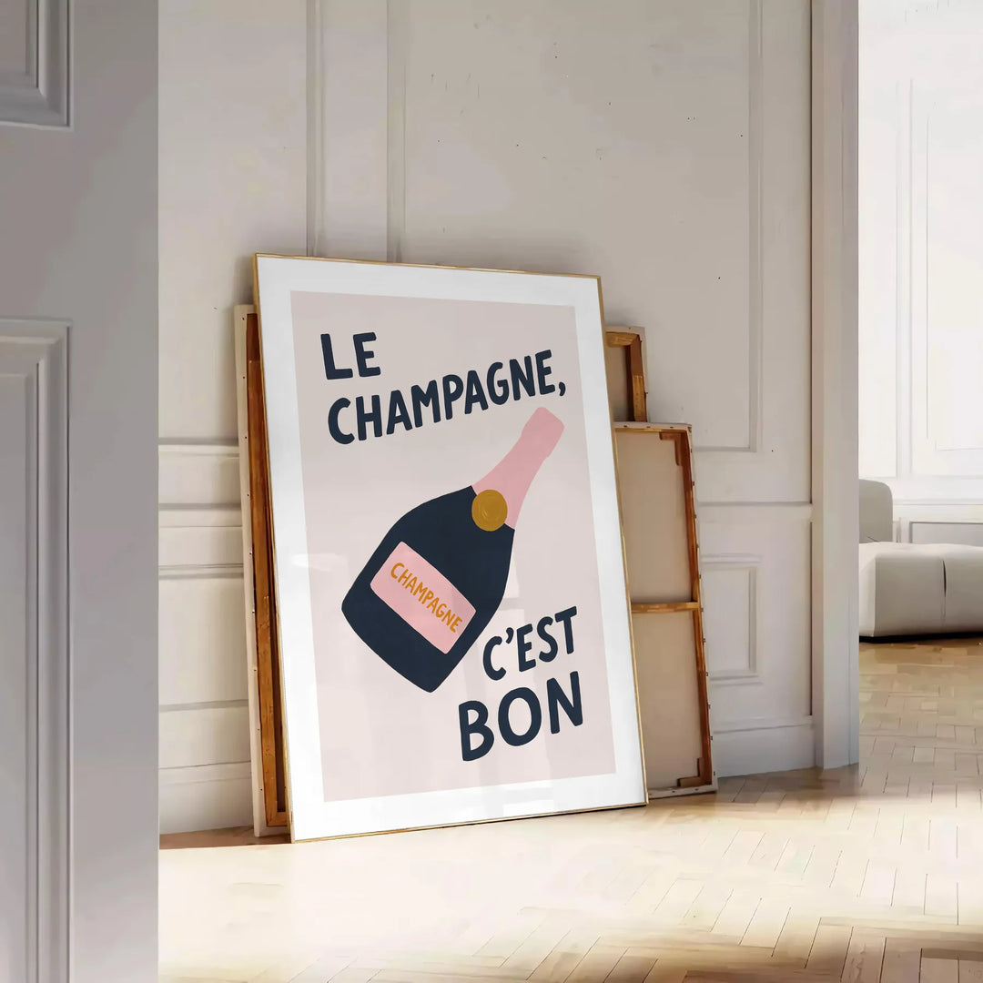 Minimalist black and white poster with 'Le Champagne C'est Bon' text