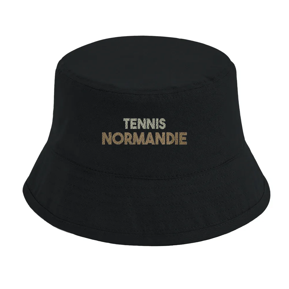Embroidered bucket hat featuring a tennis motif and Normandie text