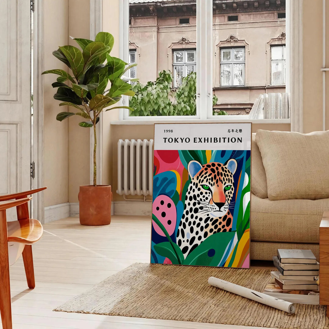 Vintage leopard illustration on an orange and green background in mid-century style