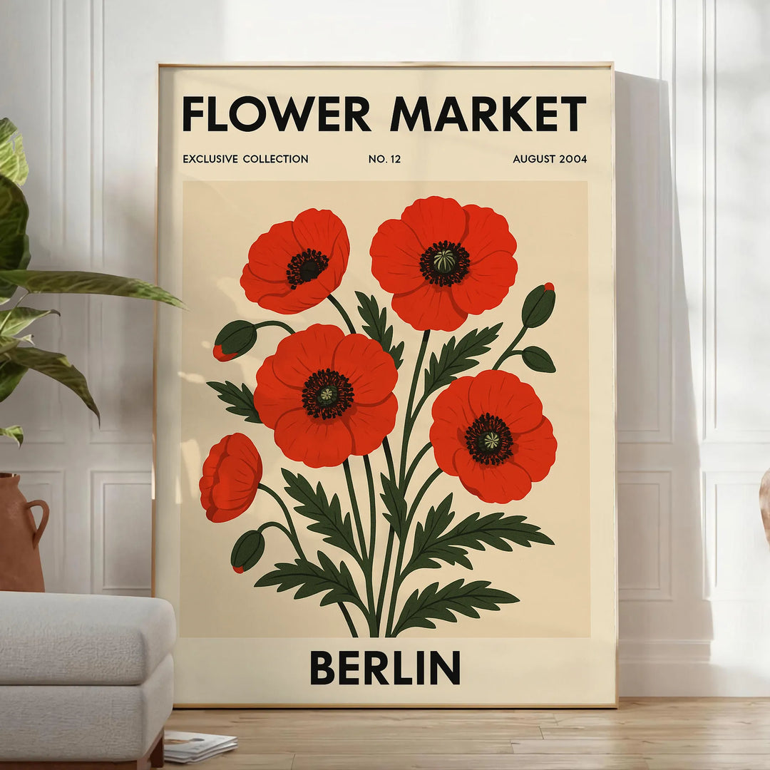 Botanical poster of Berlin flower market in black and red
