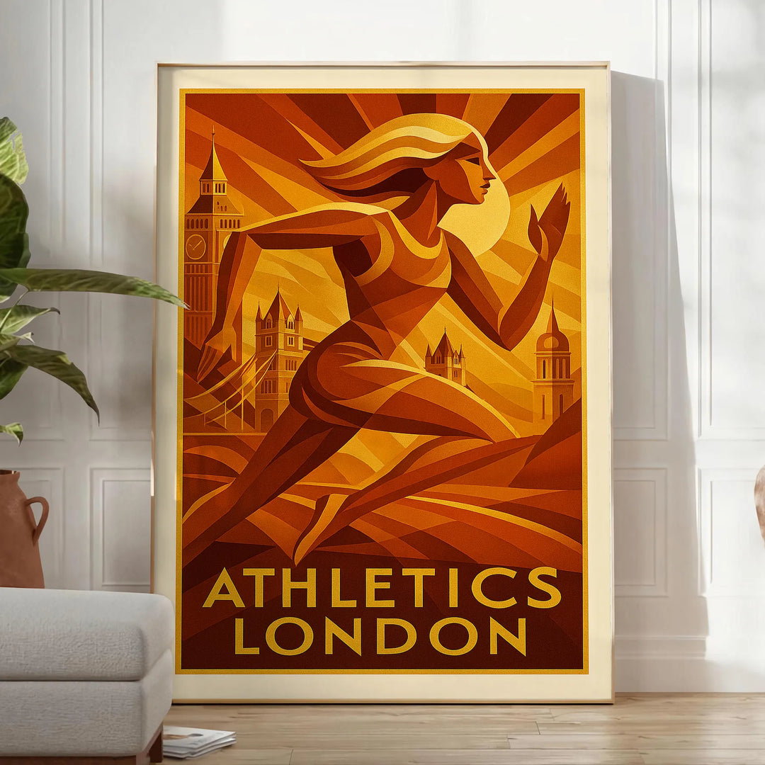 Atleta femenina en acción con el horizonte de Londres, estilo gráfico en tonos tierra