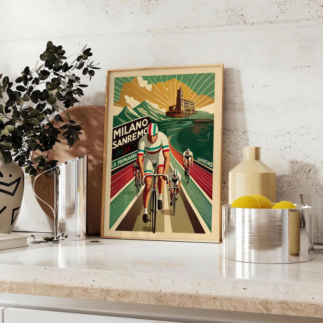 Vintage poster depicting cyclists racing through a green landscape with orange accents