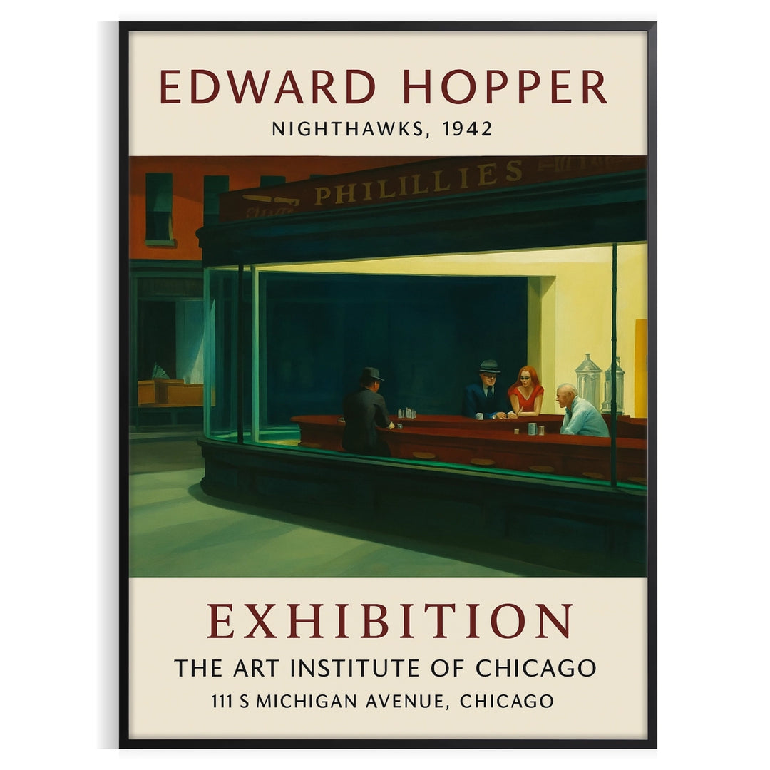 Edward Hopper exhibition poster featuring a realist urban scene with muted gray and orange tones