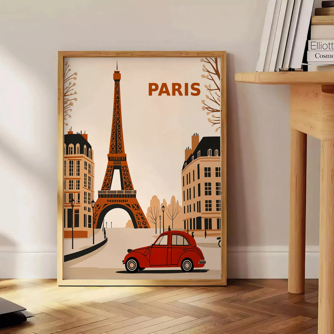 Orange and red 2CV Citroën art poster, retro Paris street scene