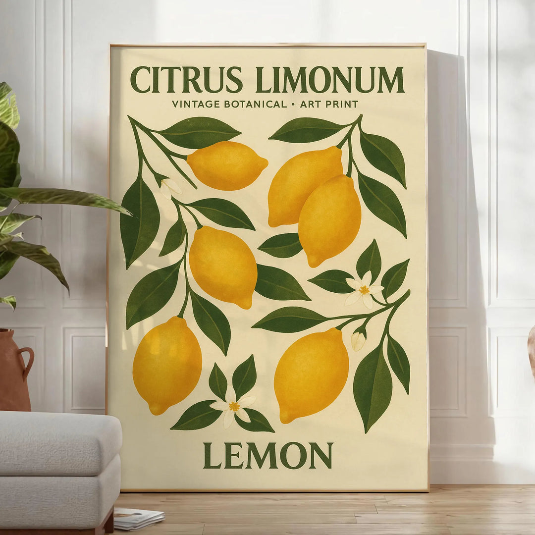 Citrus limonum botanical poster in vintage style with green and gray