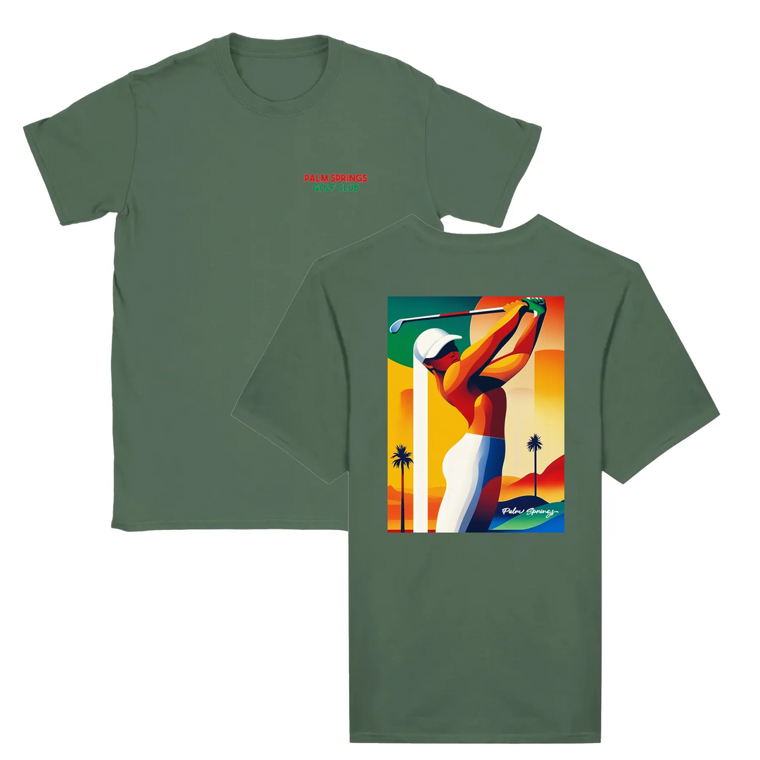 T-shirt featuring a graphic of a golf scene in Palm Springs